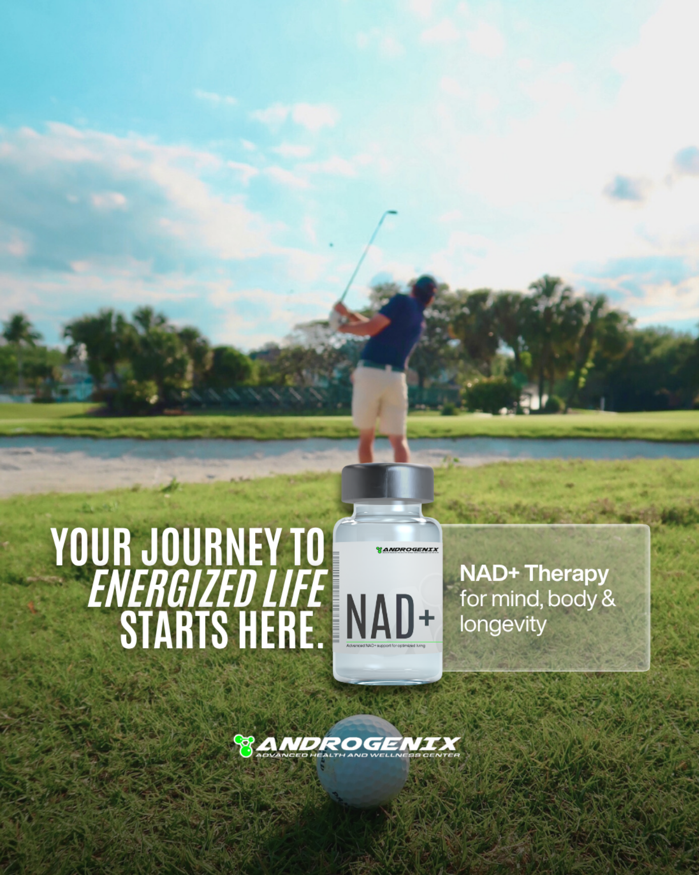 Cover photo showing overlay text your journey to a revitalized life and a golfer for NAD+ service page by Androgenix Advanced Health and Wellness Center located in North Palm Beach.