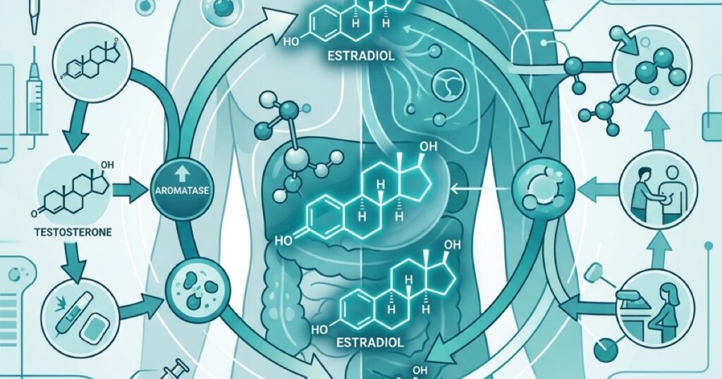 Clinical hormone consultation representing estradiol monitoring during testosterone therapy