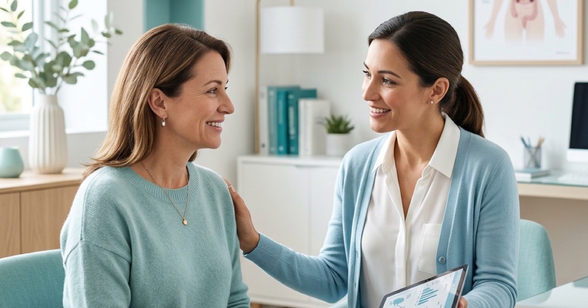 Woman discussing hormone replacement therapy benefits and risks with a clinician