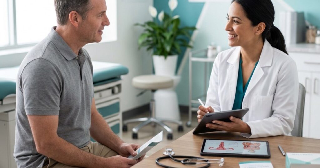 Male sexual health consultation representing low testosterone and sexual dysfunction evaluation