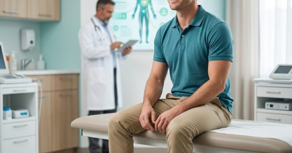 Young man discussing possible low testosterone symptoms with a clinician