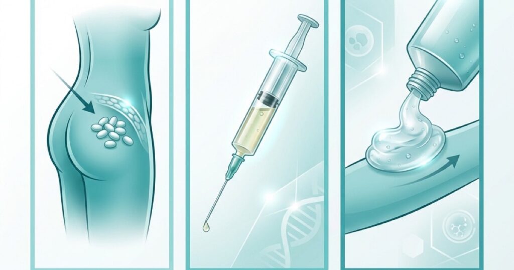Testosterone delivery method comparison concept for injections, gels, and pellets