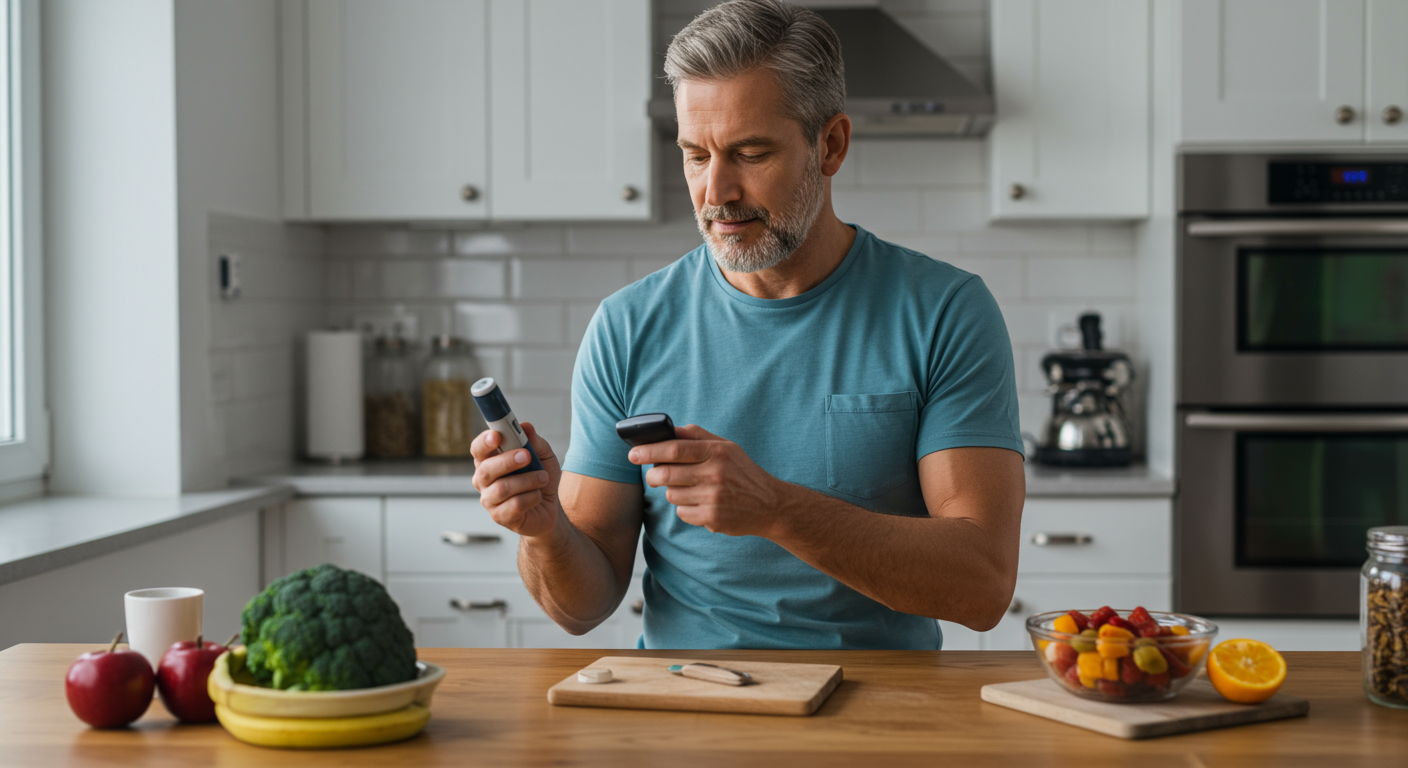 Man checking blood glucose at home beside healthy food, representing the link between insulin resistance and low testosterone