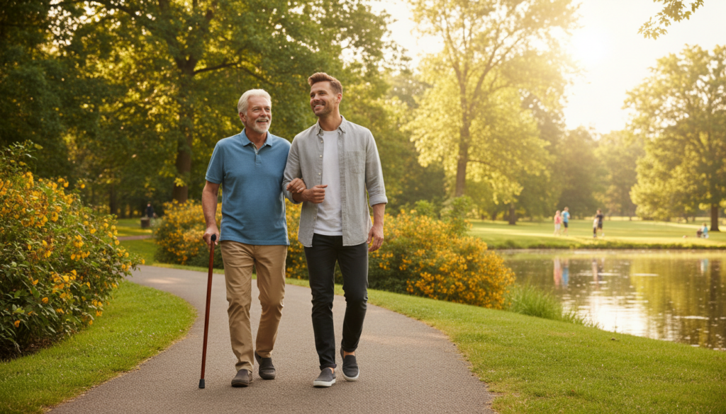 Older man walking outdoors for bone and heart health, illustrating managing ADT side effects during prostate cancer treatment
