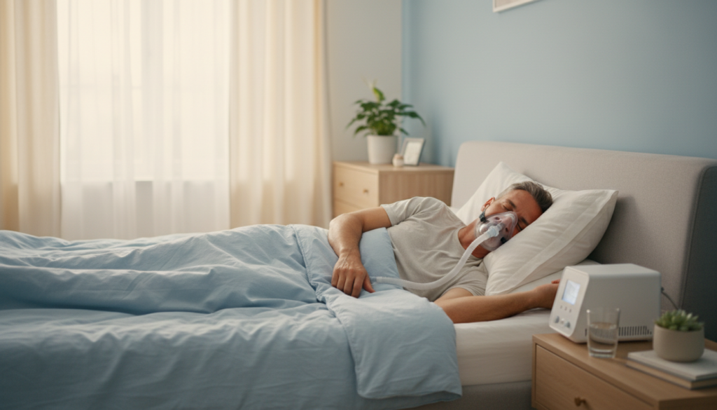 Illustration linking obstructive sleep apnea and erectile dysfunction, showing low overnight oxygen affecting blood vessels and testosterone