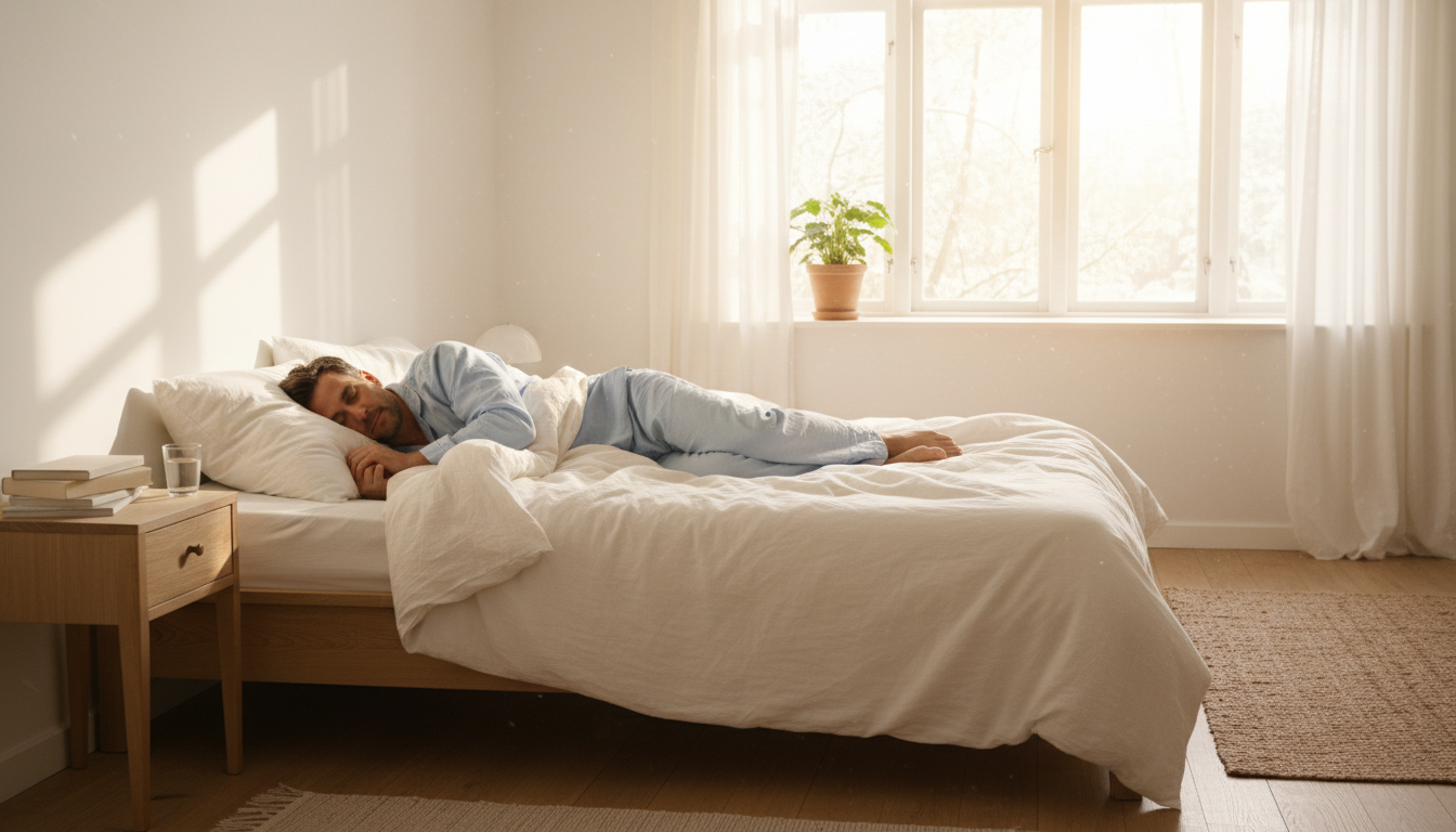 Man asleep in bed at night with an overlay showing how sleep affects testosterone production and male hormone levels