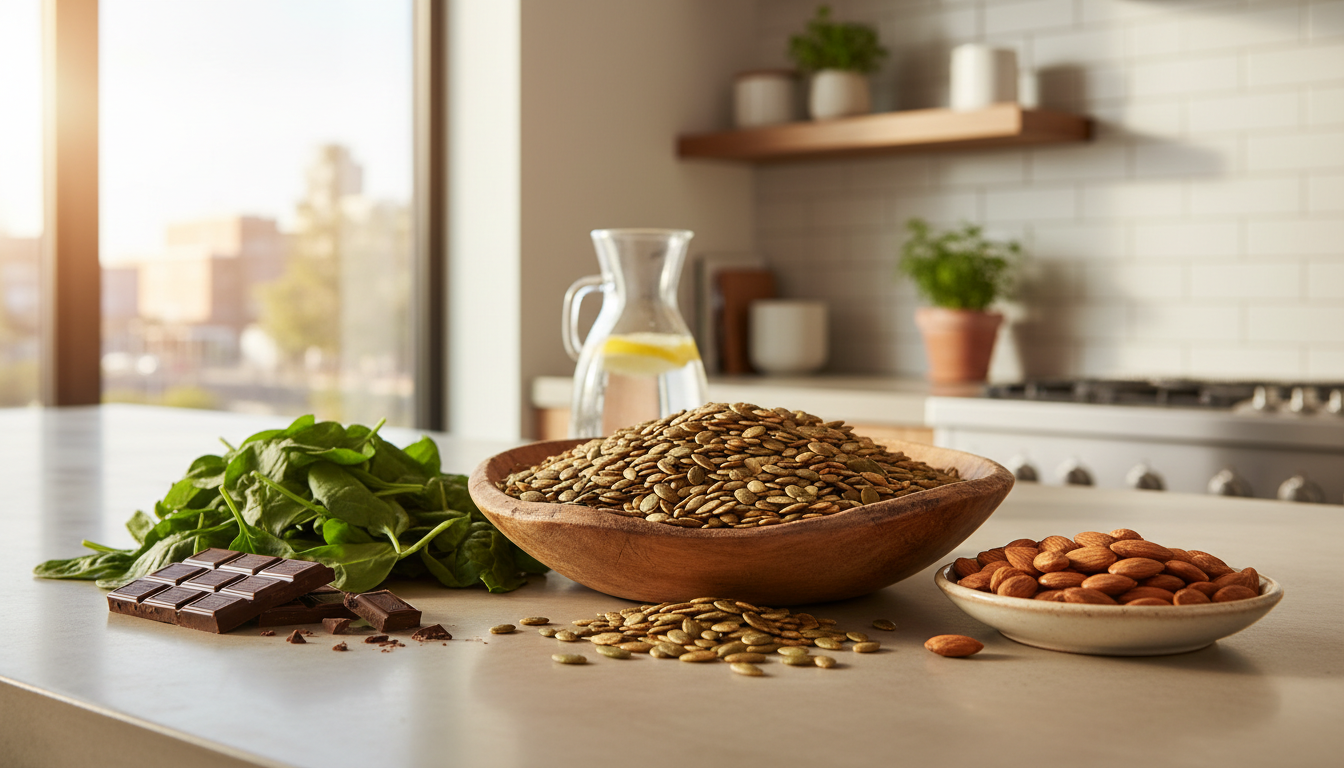 Zinc and magnesium rich foods such as oysters, pumpkin seeds, and spinach arranged beside a testosterone molecule diagram