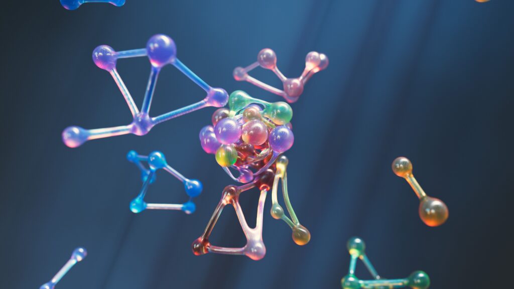 Amino acid therapy: colorful 3D molecular structures floating against a dark blue background