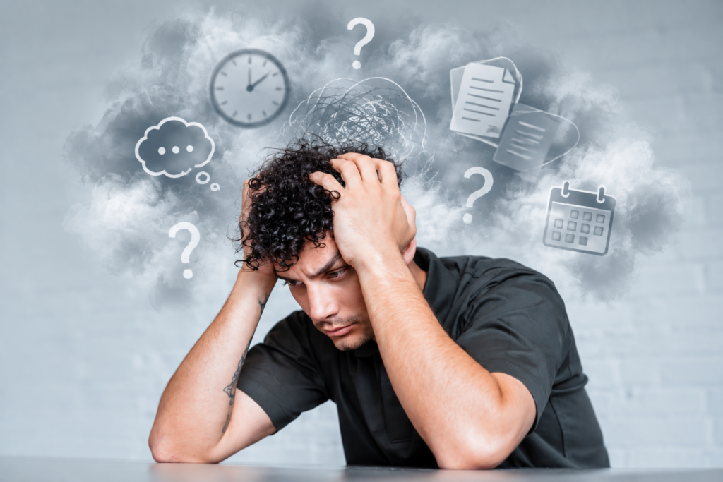 Low testosterone brain fog: man holding his head surrounded by fog, question marks, a clock, and a calendar