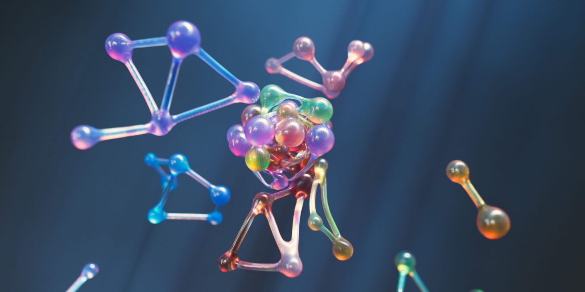 Amino acid therapy: colorful 3D molecular structures floating against a dark blue background