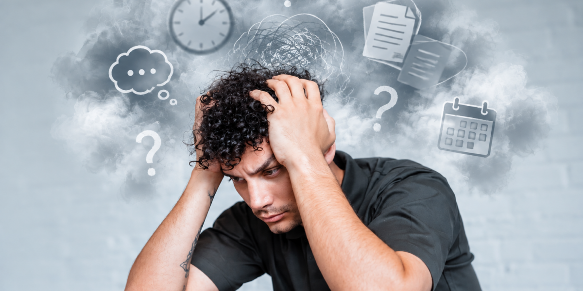 Low testosterone brain fog: man holding his head surrounded by fog, question marks, a clock, and a calendar