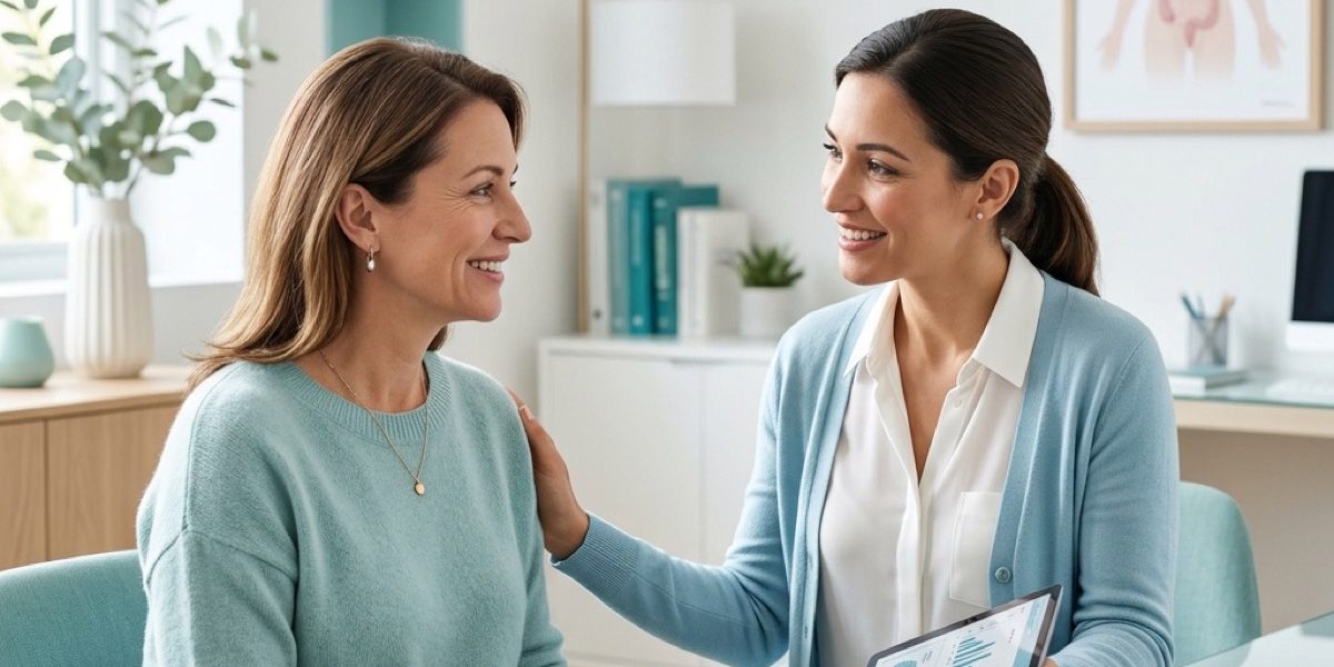 Woman discussing hormone replacement therapy benefits and risks with a clinician
