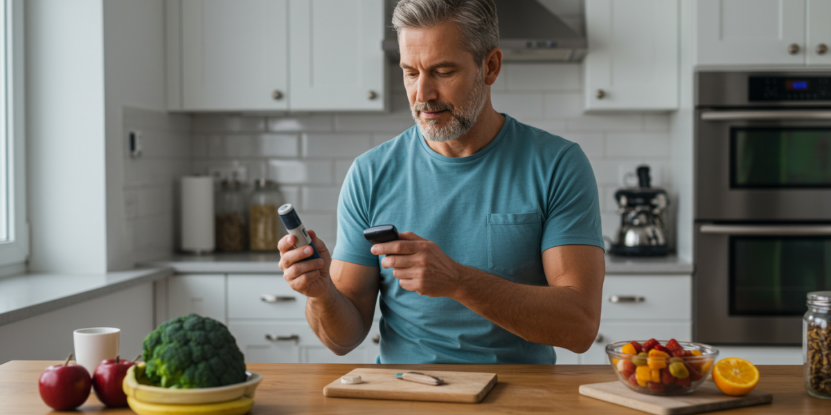 Man checking blood glucose at home beside healthy food, representing the link between insulin resistance and low testosterone