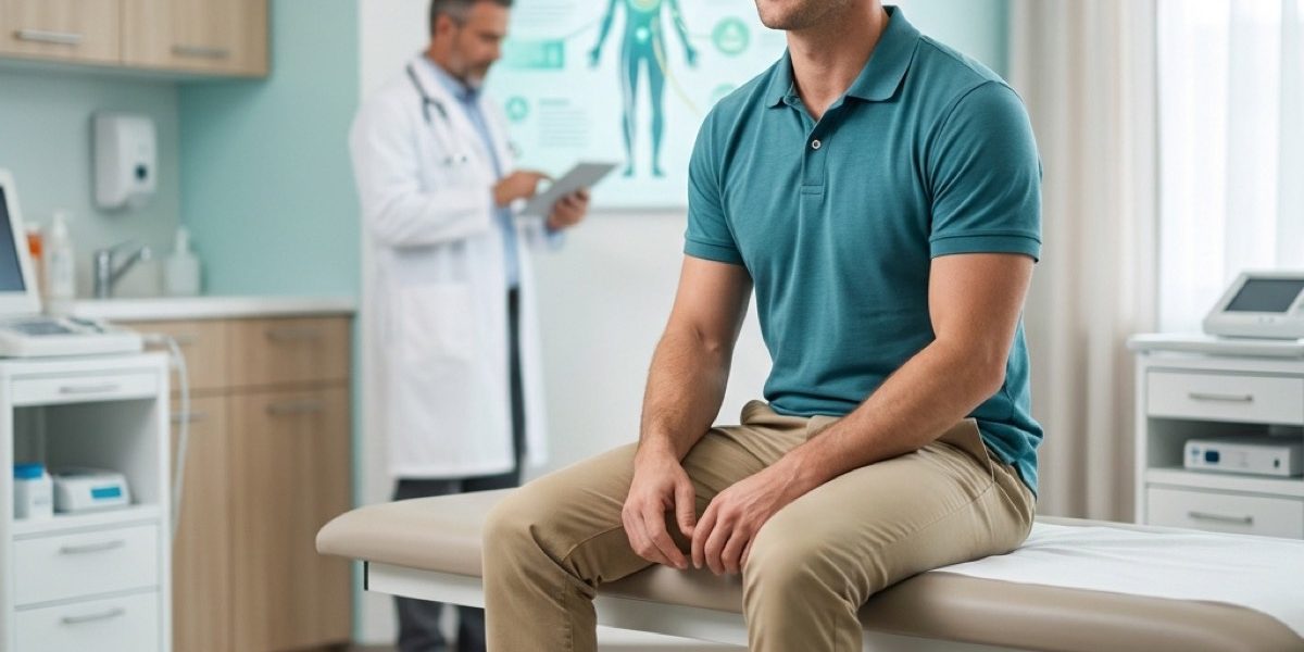 Young man discussing possible low testosterone symptoms with a clinician