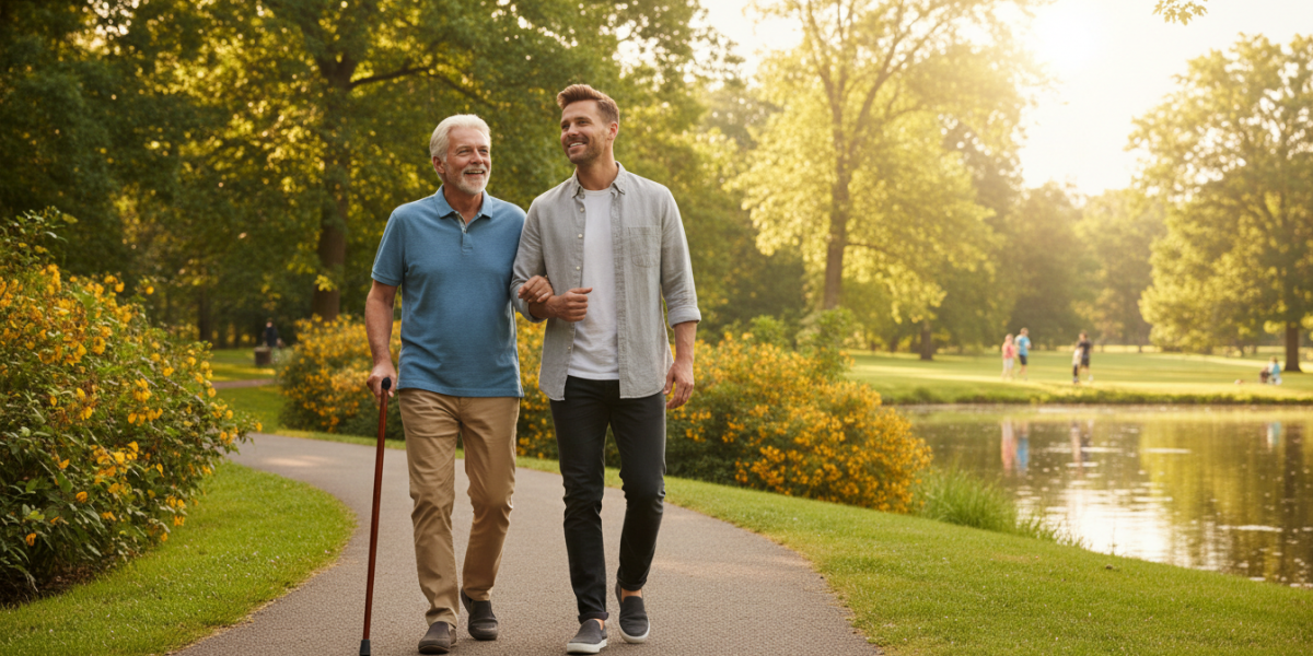 Older man walking outdoors for bone and heart health, illustrating managing ADT side effects during prostate cancer treatment