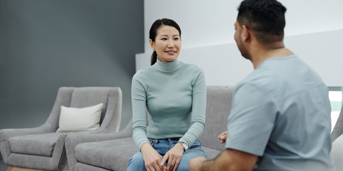 Menopause hormone therapy: woman discussing treatment options with her doctor