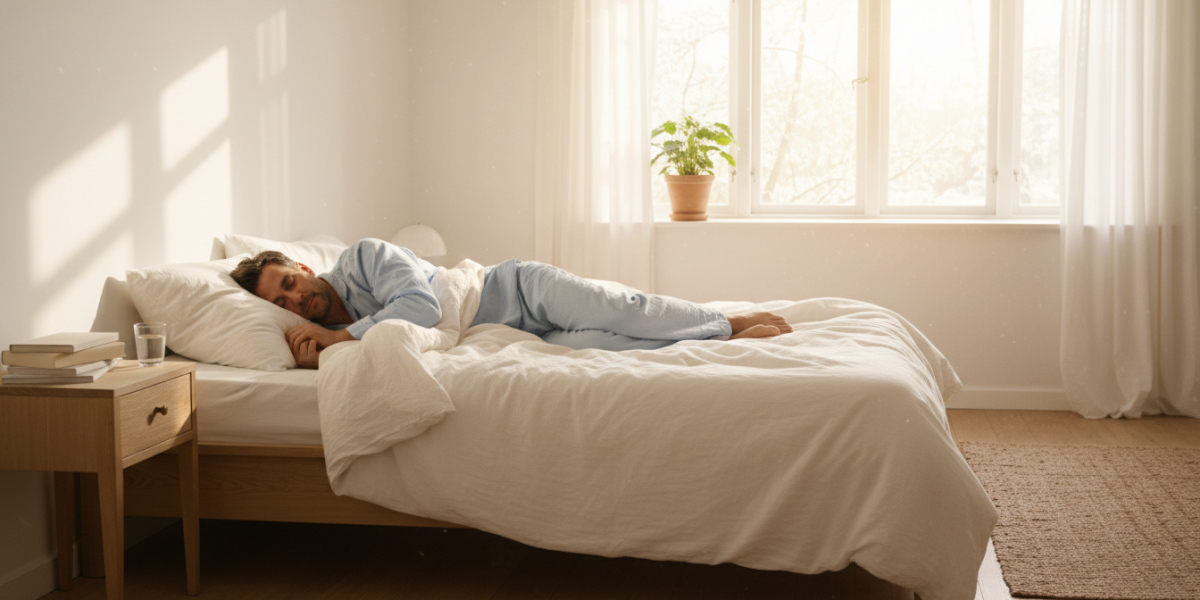 Man asleep in bed at night with an overlay showing how sleep affects testosterone production and male hormone levels