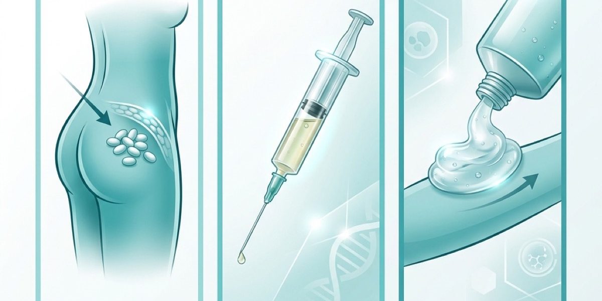 Testosterone delivery method comparison concept for injections, gels, and pellets