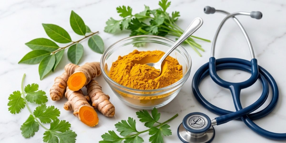 Turmeric spice and curcumin capsules representing evidence and safety questions for supplements
